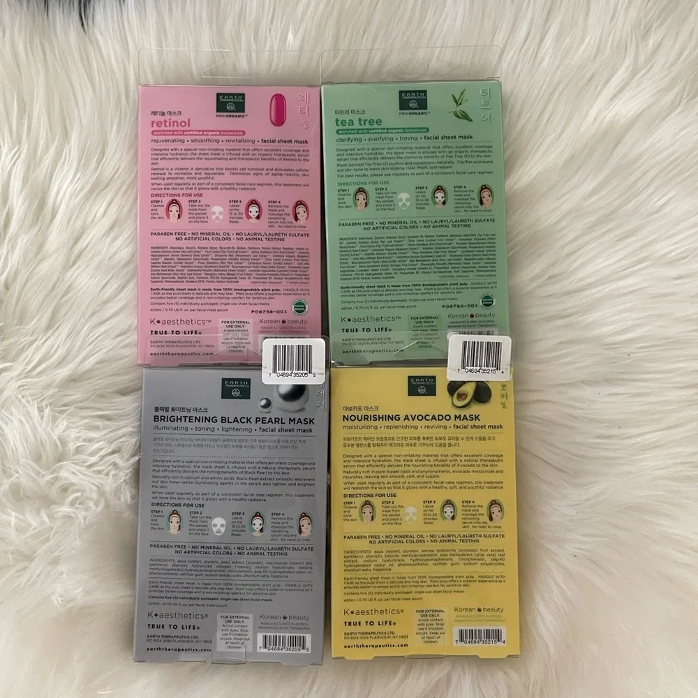 4 pack 20 pieces Earth Therapeutics Facial Sheet Skin Masks From Korea
